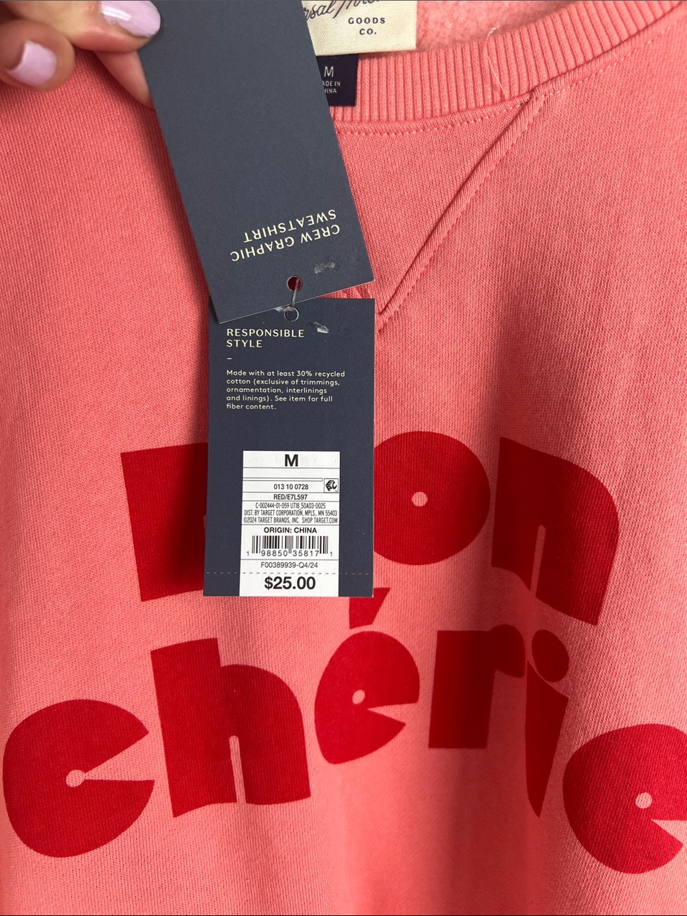Universal Thread Coral Pink 'mon chérie' Graphic Sweatshirt women’s Size M - Picture 5 of 7